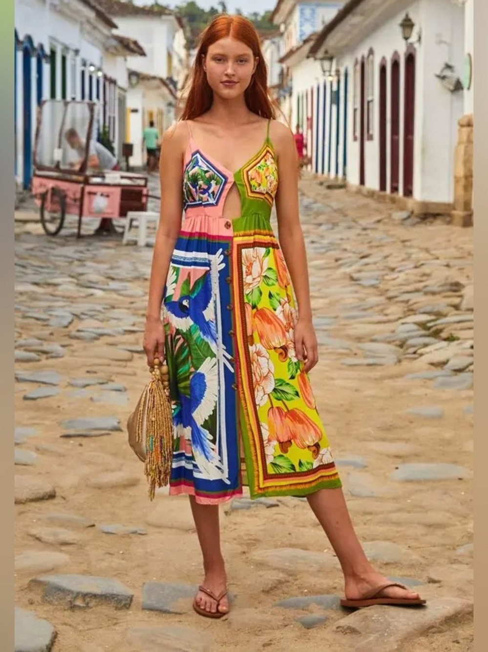 Farm Rio Double Scarves Midi Dress XS Colorblock Tropical 🌴 Cutout Button Front - Picture 2 of 14